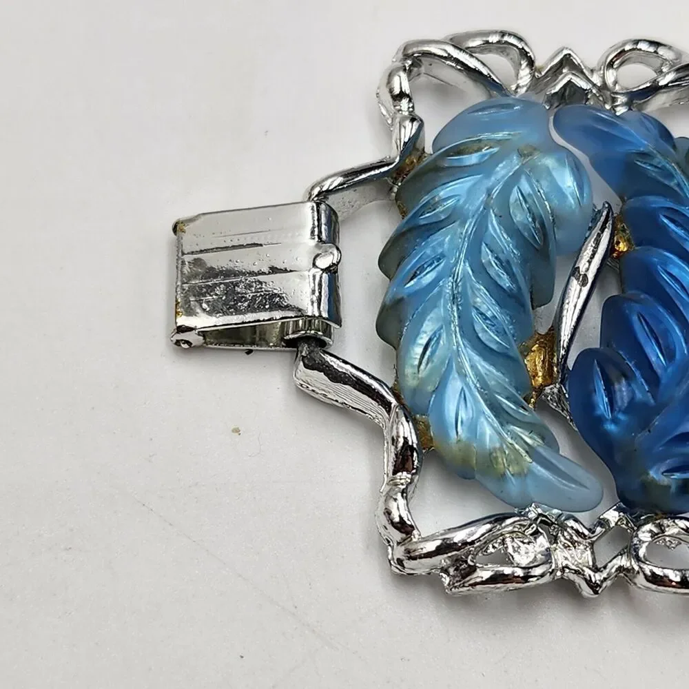 Vintage Blue Tones Thermoset Panel Wide Leaf Bracelet Cuff Mid Century 7.5